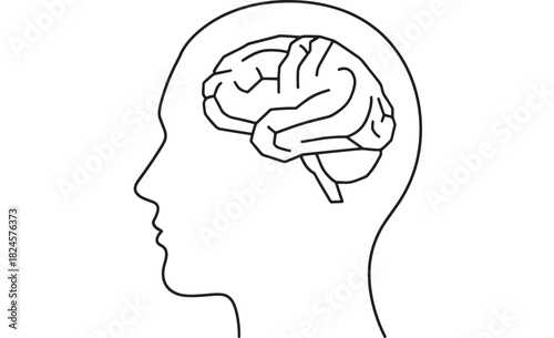 a simple line drawing depicts a human head in profile view with a detailed brain illustration contained within the skull s outline