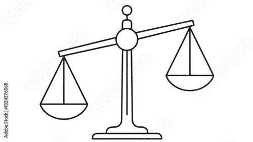 a simple black and white line drawing depicts a classic balance scale with two pans suspended from a central fulcrum symbolizing fairness