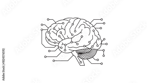a detailed illustration depicts a human brain interconnected with a network of electronic circuits and nodes symbolizing artificial intelligence high quality