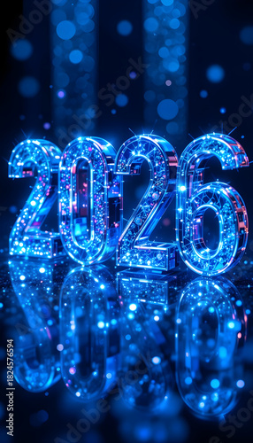 Vibrant blue 3D numbers 2026 with shimmering lights and reflections new year mobile Wallpaper