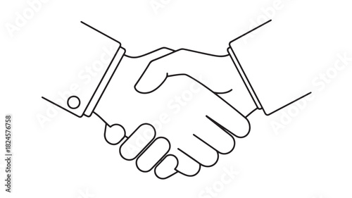 A minimalist line drawing depicts two hands firmly engaged in a handshake symbolizing agreement partnership and positive connection in a simple style