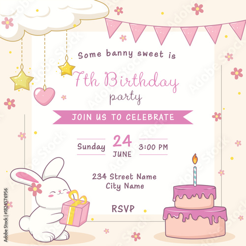 An invitation template for a children's party, birthday, with an image of a bunny with a gift, a cake with candles. Vector image on the background of festive flags and flying flowers