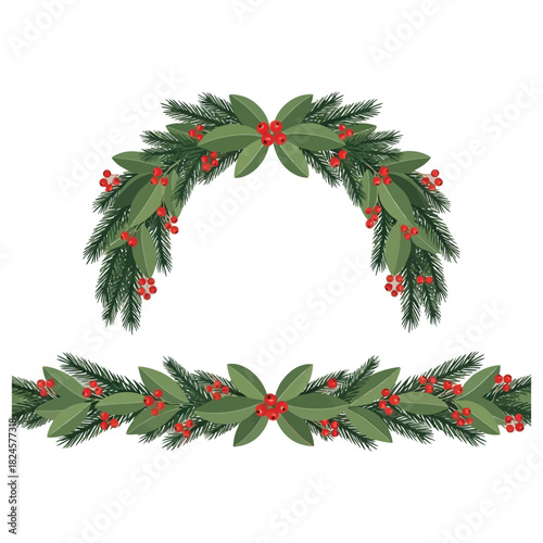 Minimalist flat illustration of two stylized evergreen foliage bands with red berries forming garland and border on gray background