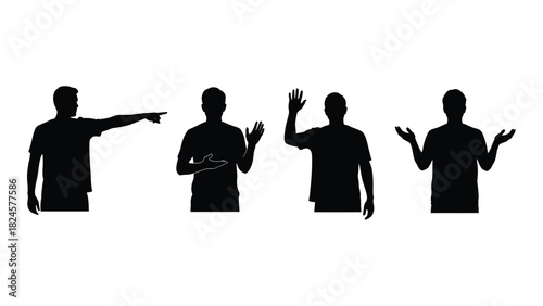 Male silhouettes with various hand gestures isolated on white background, Vector