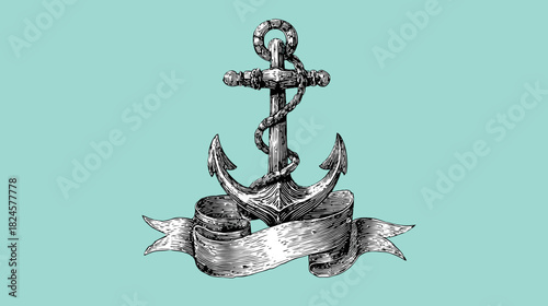 Classic Hand-Drawn Anchor with Ornate Ribbon Banner, Nautical Symbol of Stability and Hope, Engraved Vintage Style