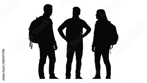 Three backpackers silhouette isolated on white background, Vector