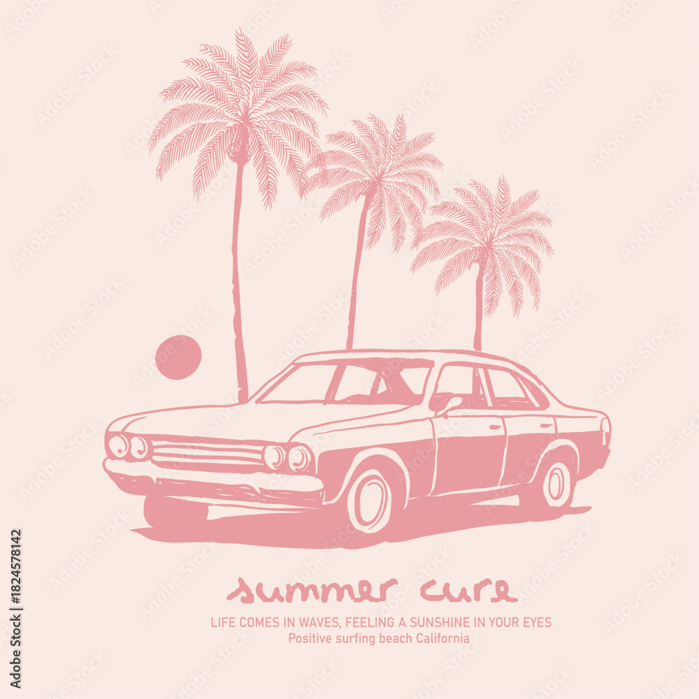 Naklejka premium Sporty Car in beach side. palm tree tropical summer tee t shirt design. women's girl's t-shirt print graphics. vintage summer graphics.
