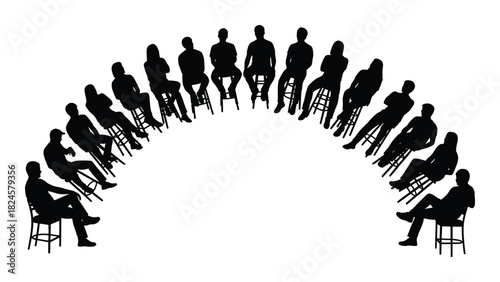 People group silhouette sitting in arch formation isolated on white background, Vector