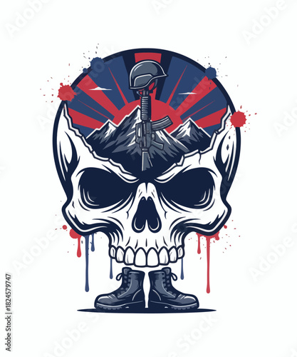 Memorial Illustration with Skull Rifle Helmet and Boots as a Symbol of Remembrance and Sacrifice for Fallen Soldiers