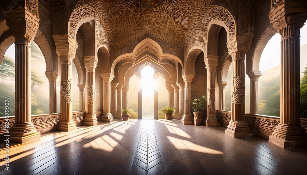 Fototapeta premium interior with stone pillars intricate carvings and soft natural light streaming through