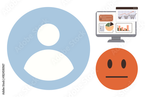 Neutral feedback emoticon beside analytics dashboard featuring graphs, charts, and shopping cart data. Ideal for feedback, data analysis, online reviews, business insights, user studies, performance