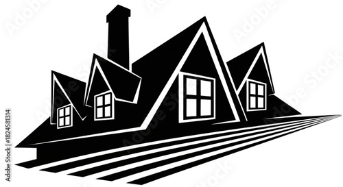 Black Silhouette of Victorian House with Dormers and Chimney for Real Estate Sales
