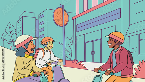 Man commuting on electric skateboard heading to work modern cityscape background clean vector urban transport scene