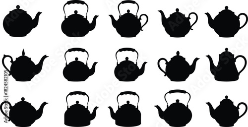 Black teapot silhouette collection, traditional and modern kettle shapes, isolated vector icons, tea pot design set, kitchen utensil clipart