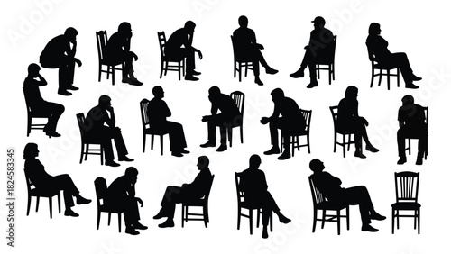 People sitting on chairs silhouette set isolated on white background, Vector