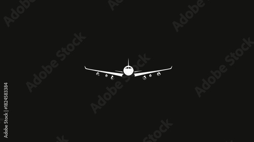Sleek commercial passenger airplane flying head-on against a dark black sky, minimalist abstract aviation travel concept.