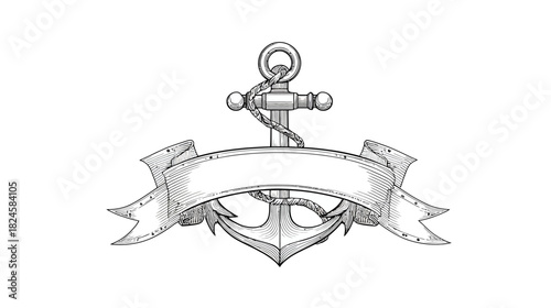 Classic Hand-Drawn Anchor with Blank Ribbon Banner Template, Vintage Nautical Marine Sketch Illustration