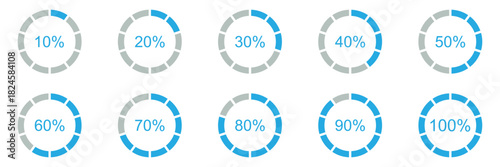 Percentage infographics elements. Set of round diagrams icons for infographics from 10 to 100 percent. Pizza, pie charts indicator templates. Circle graph loading progress. Progress bar.