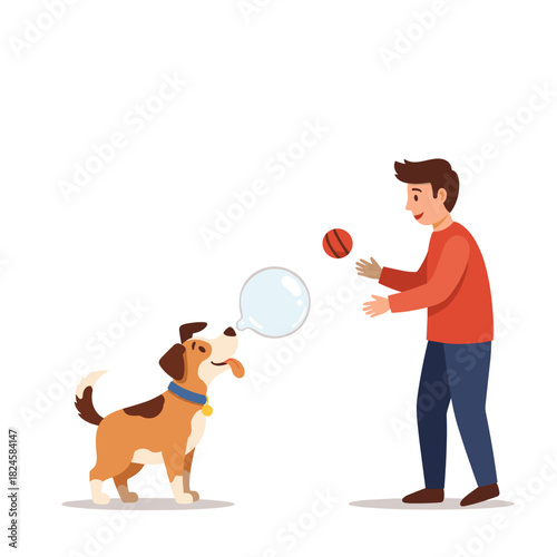 man playing fetch with a beagle dog and a ball for pet care guides, veterinary clinic websites, and responsible dog ownership educational materials, with copy space