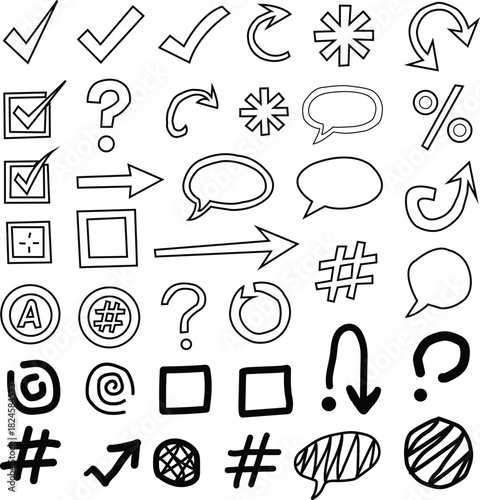 Hand drawn doodle symbols isolated on transparent background