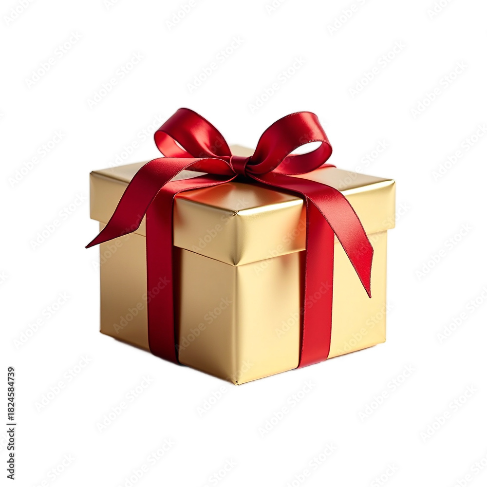 Obraz premium A golden gift box wrapped with a vibrant red satin ribbon, perfect for celebrating special occasions and creating a joyful, festive atmosphere of giving