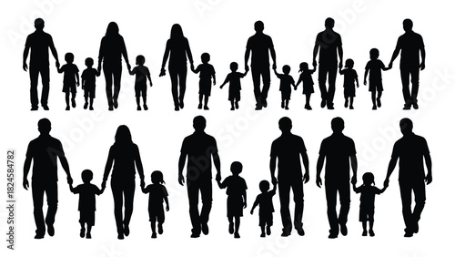 Family silhouettes walking isolated on white background, Vector