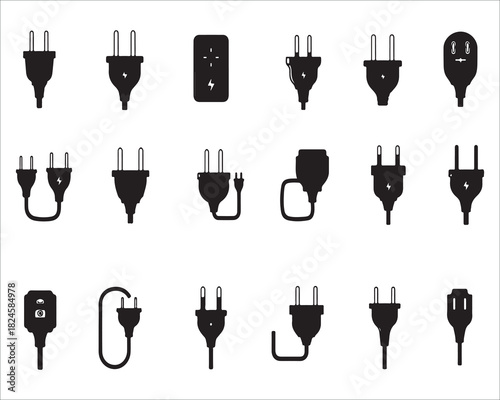 Collection of electric plugs in black silhouette on white background