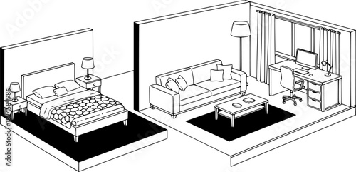Illustration of bedroom and living room furniture including bed sofa and desk in black and white
