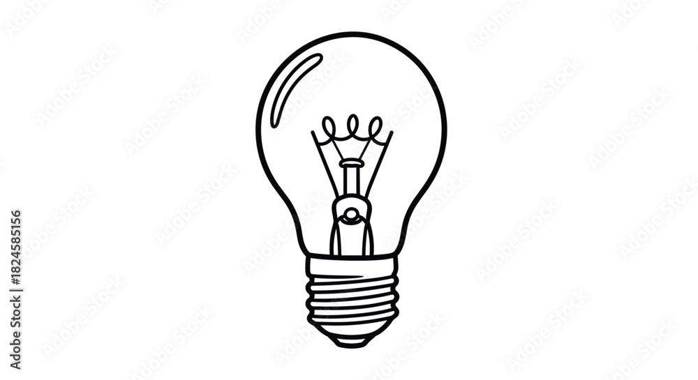 Obraz premium A simple black and white line drawing of an incandescent light bulb with its filament visible.
