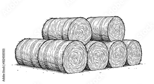 Line art illustration of stacked round hay bales on a white background.