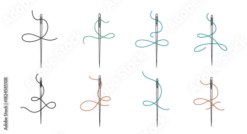 Eight illustrative needles with different colored threads creating loops and patterns.