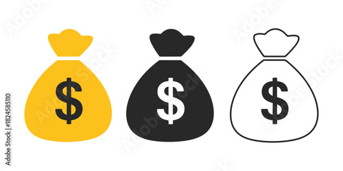 Set of money bag icons in line style, including black and white sack, flat money bag vector illustration, finance, savings, wealth, business, and economic concepts
