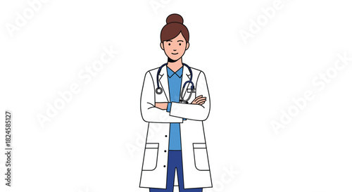 Illustration of a confident female doctor in a white lab coat with a stethoscope around her neck.