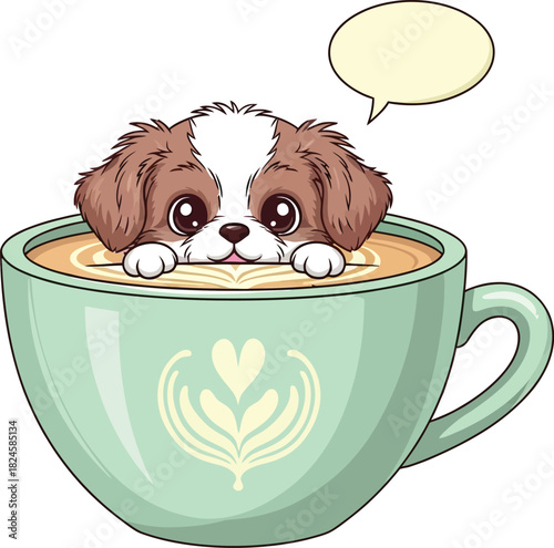 dog with a cup of coffee on white background