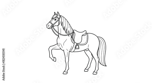 Line drawing of a majestic horse with a saddle, standing on its hind legs.