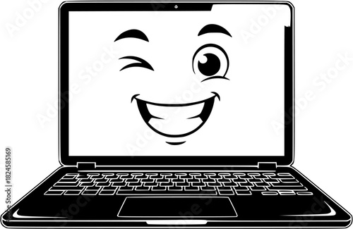 Cartoon laptop with a winking face and a smiling mouth isolated on a white background illustration
