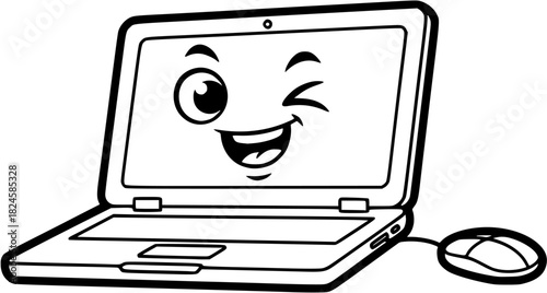 Cartoon laptop with a winking face and a smiling mouth isolated on a white background illustration

