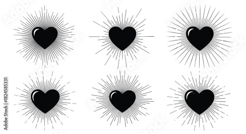 Collection of six black heart icons with sunburst rays on a white background.