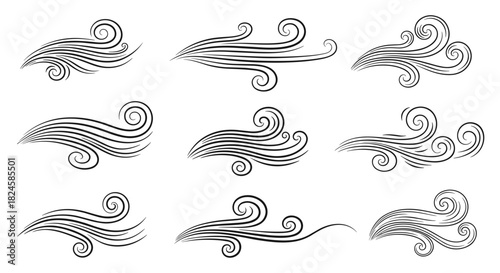 Collection of black and white wind swirl decorative elements and dividers.