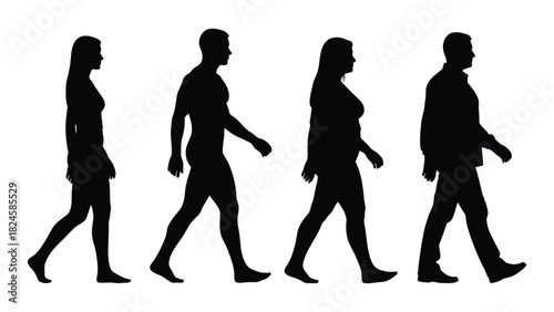 Diverse silhouettes of people walking isolated on white background, Vector