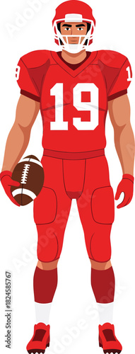 A striking image of a dedicated American Football running back or linebacker, helmet on, standing still and commanding attention in his vibrant red uniform