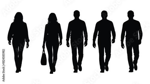 Group of walking people silhouettes isolated on white background, Vector