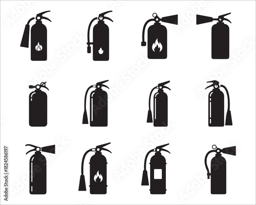 Fire Extinguisher Icons Set Black Silhouette on White Background