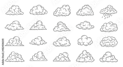 Collection of hand drawn cloud illustrations with hatching and shading effects.