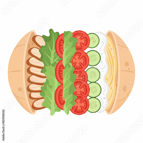 Delicious and colorful pita bread sandwich with fresh vegetables and meat.