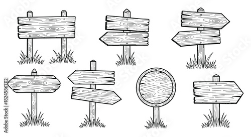 Collection of hand-drawn wooden signposts with different shapes and directions on grass.