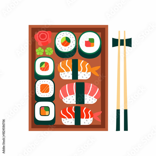 Japanese sushi and rolls set in a wooden bento box with chopsticks.