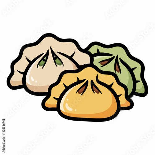 Three Colorful Cartoon Dumplings Stacked Together Delicious Asian Cuisine.