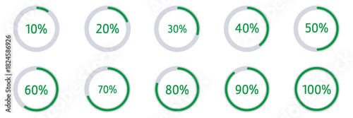 Percentage circle set. Loading indicator set. Circle loading or circle progress with percentage collection.  Set of circle percentage diagrams for infographics 10 20 30 40 50 60 70 80 90 100 percent. 