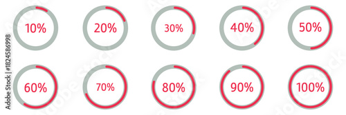 Percentage circle set. Loading indicator set. Circle loading or circle progress with percentage collection.  Set of circle percentage diagrams for infographics 10 20 30 40 50 60 70 80 90 100 percent. 
